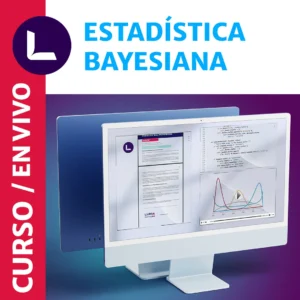 Imagen referencial portada del curso de estadistica bayesiana, se ve un computador all in one de escritorio con graficas bayesianas y códigos de programación