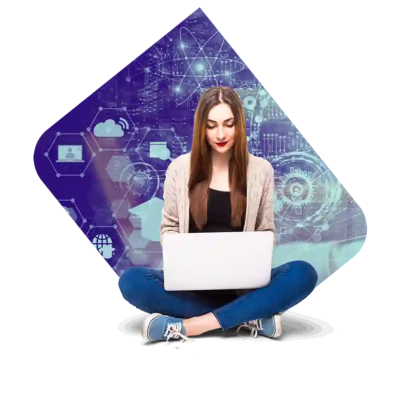 Una chica sentada en el piso con una laptop y un fondo artificial con graficas tecnologicas