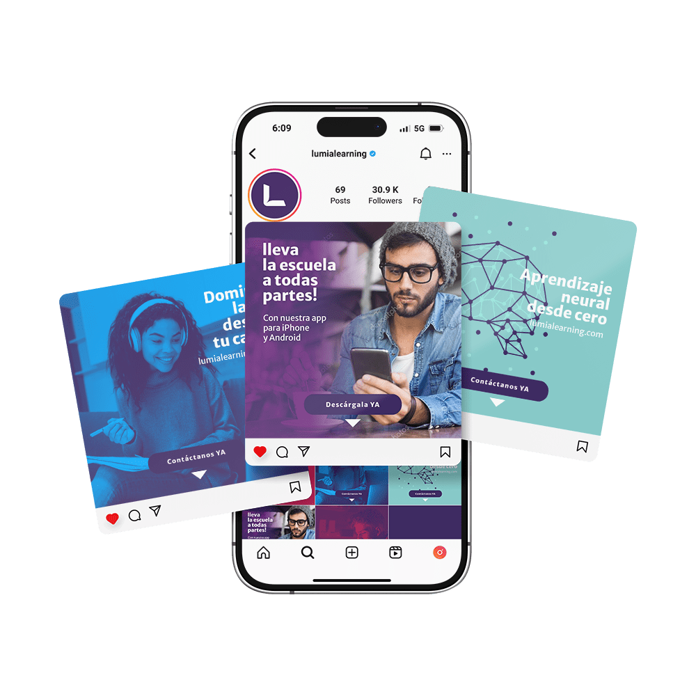 Celular con una grafica visual de los post de instagram de lumia learning