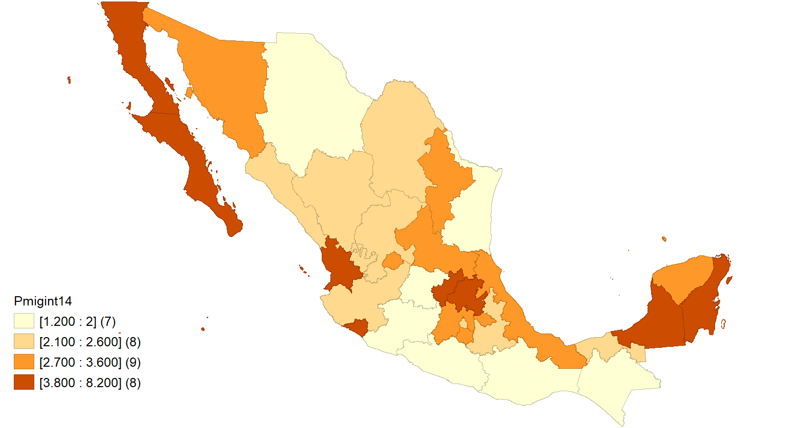 Mapa con divisiones espaciales y datos en colores